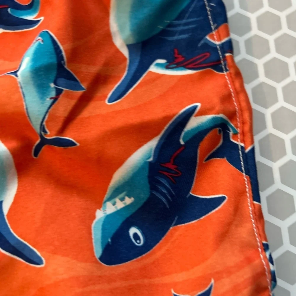 Place Orange Swim Shorts with Blue Shark Print